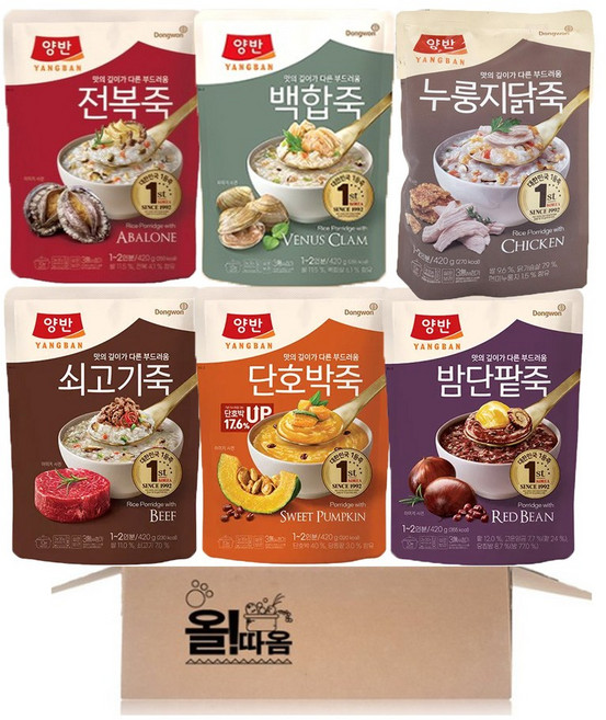 동원 양반 파우치죽 420g 6종 3호 (전복+백합+누룽지닭+쇠고기+단호박+밤단팥), 1세트, 2520g