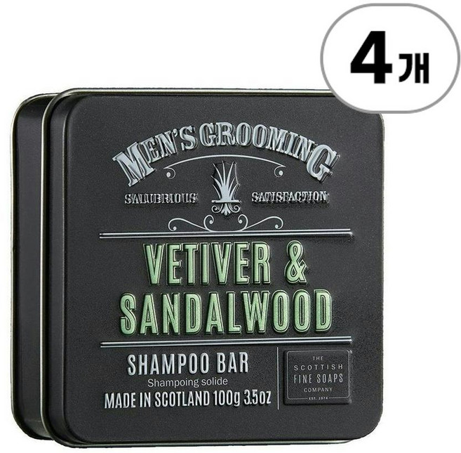 스코티시 파인 솝스 틴 케이스 베티버 & 샌달우드 샴푸바 Scottish Fine Soaps Shampoo Bar In A Tin Vetiver & Sandalwood 100g, 4개
