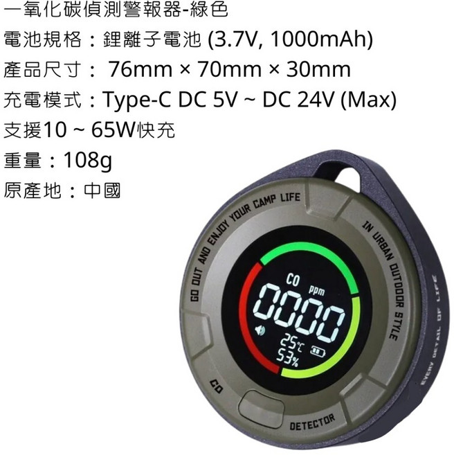 ADAMoutdoor 一氧化碳偵測警報器, 綠色, 1個