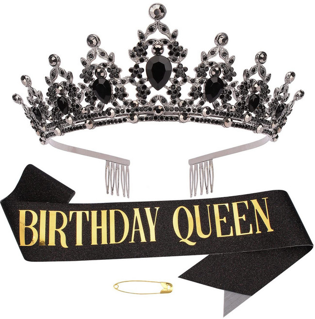 블루밍가든 결혼식 보석 다이아 왕관 티아라 & 어깨띠, 블랙