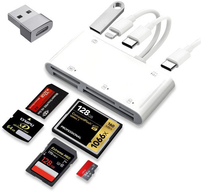 7in2 멀티허브 외장하드 TF SD XD CF MS USB C타입 올인원 카드리더기, 화이트, 1개