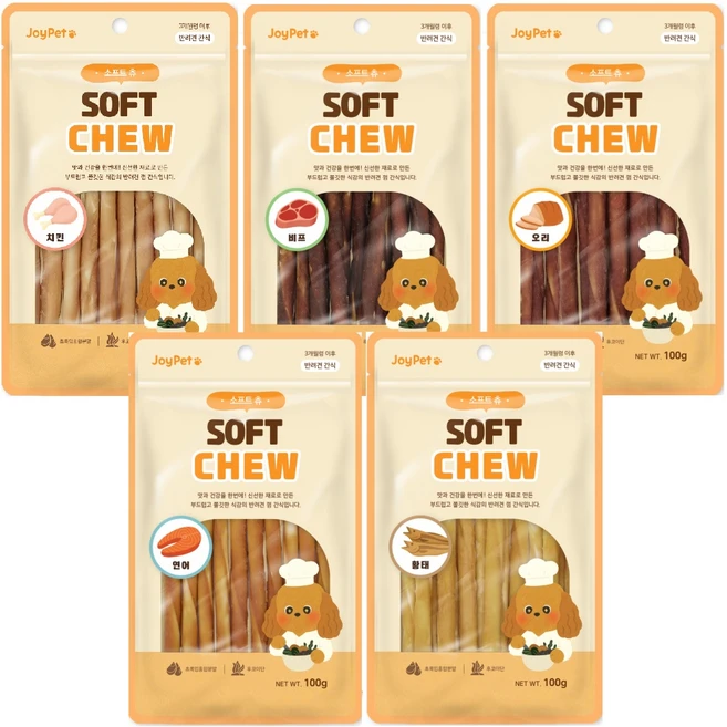 조이펫 강아지 소프트 츄 간식, 100g, 5개, 5가지맛(치킨+오리+연어+비프+황태) - 쿠팡