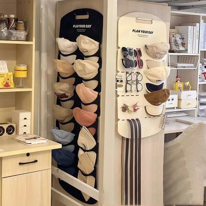 1+1 세트 모자 펠트 걸이 주머니 다층 모자 걸이대 심플한 모자 수납 아이디어, 1세트, 블랙12단+화이트6단