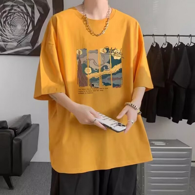 落肩款五分袖 T恤 潮牌衣服海浪油畫印花 熒光色大尺碼 寬鬆 情侶裝 男生衣服, 黃色,3XL