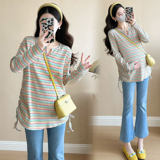 봄 임산부 외출복 스트라이프 티셔츠 빅사이즈 임산부 긴팔티 캐주얼 임부복 긴소매 상의 YSQ