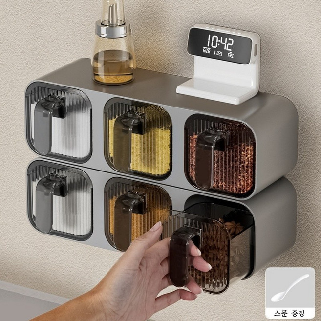 상덕 양념통 세트+스푼 방수 방습 주방 벽걸이 부착식 조미료 정리함, 그레이, 1개