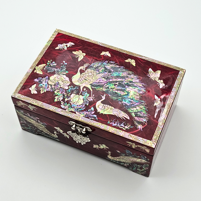 한국민예사 나전칠기 한지 검정 6치 자개 보석함 돌반지 악세사리 보관함 돌반지함 한국 전통 공예품 외국인 선물, 공작 적색