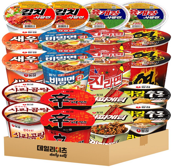 [데일리이츠] 용기 큰컵&사발면 컵라면 10종류 2개씩 총 20개 기획세트 (진라면매운맛 열라면 팔도비빔면 육개장사발면 김치사발면 신라면 사리곰탕 짜파게티 튀김우동 새우탕), 1개