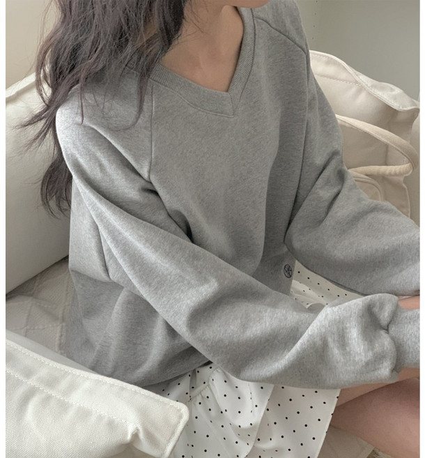 R152 이브 나그랑맨투맨 코튼쭈리 브이넥 심플 멘트멘 데일리 시보리