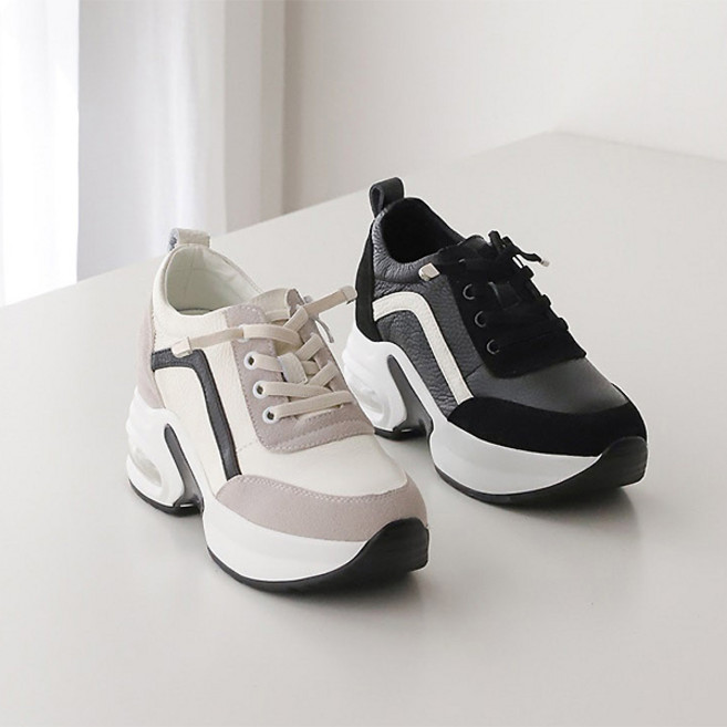 트리샤 7cm 천연소가죽 안지퍼 에어쿠션 키높이 통굽 스니커즈 운동화 BK P009