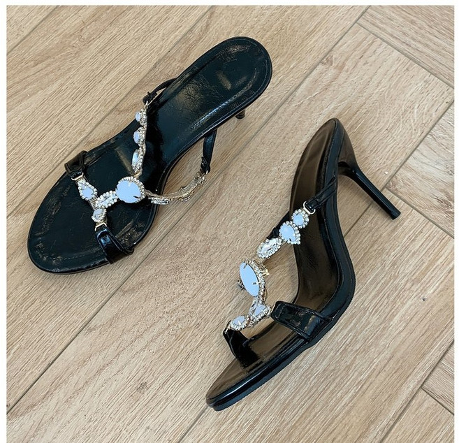 오픈토 큐빅 에나멜 일자 슬리퍼 여성 섹시 스틸레토 힐 샌들