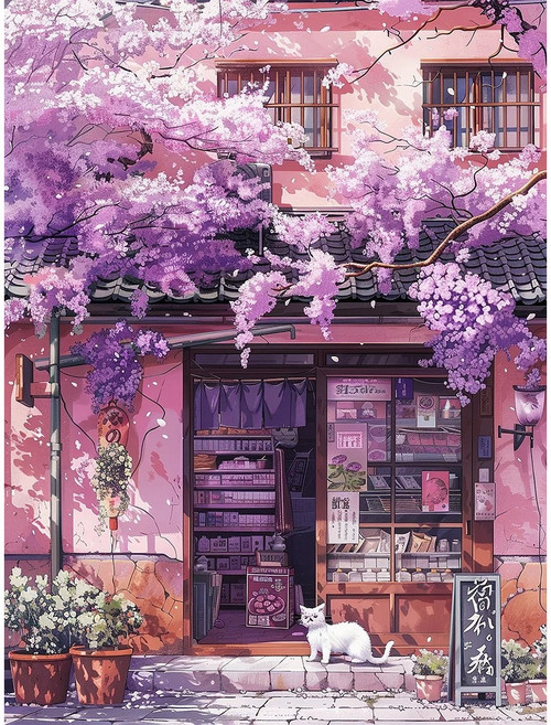 봄날 풍경화 조각퍼즐 등나무꽃 편의점 고양이 북유럽 감성 컬렉션 그림퍼즐 300 500 700 1000피스 액자없음, 700피스(퍼즐유액없음), 봄날의 길모퉁이 구멍가게 풍경화 퍼즐3, 1개