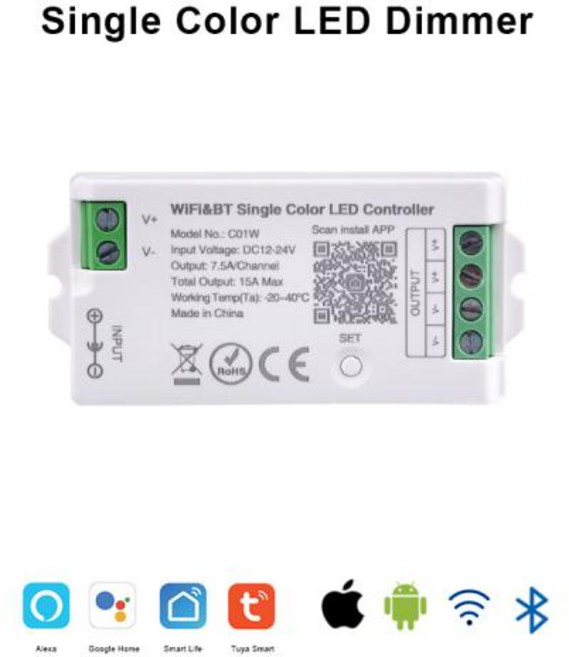 Tuya LED 컨트롤러 알렉사 구글 홈 음성 제어 RGB RGBW CCT LED 스트립 와이파이 스마트 컨트롤러 앱 BT, 1개