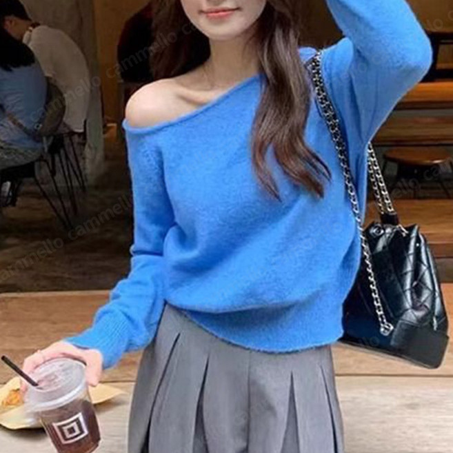 cammello 여리핏 언발란스 오프숄더 루즈핏 긴팔 니트 티셔츠 봄가을 데이트룩