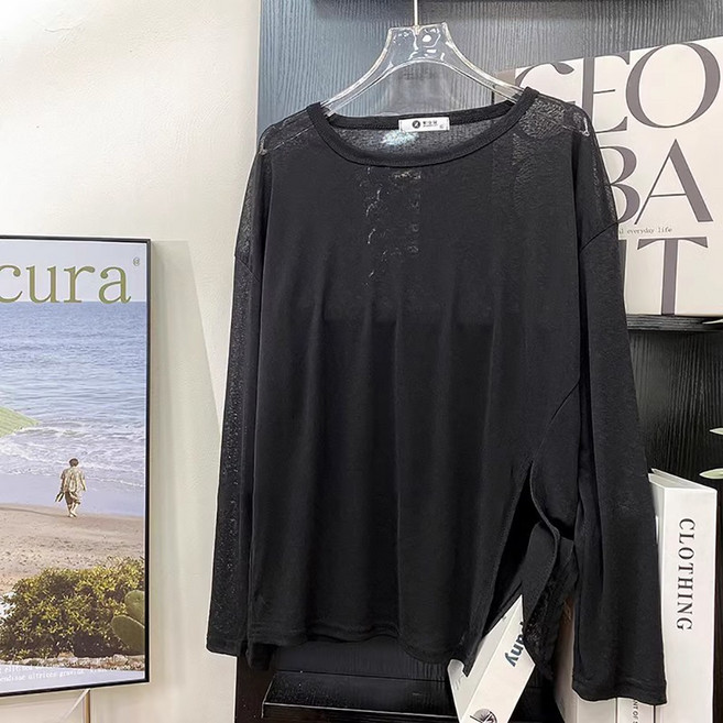 UPPERCUT 여성 루즈핏 옆트임 시스루 긴팔 티셔츠 커버업
