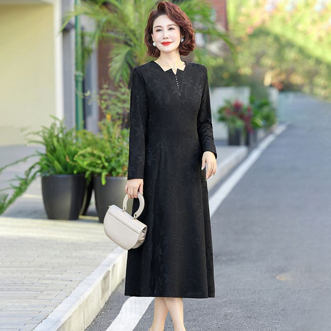 중년 여성 긴팔 원피스 봄 가을 엄마옷 캐주얼 루즈핏 스커트 여자 패션 데일리 원피스 LJX