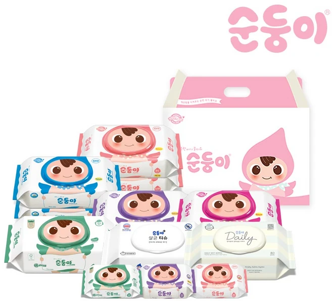 순둥이 아기물티슈 종합 선물세트 12팩 (Gf-D), 12개, 80매, 55g - 쿠팡