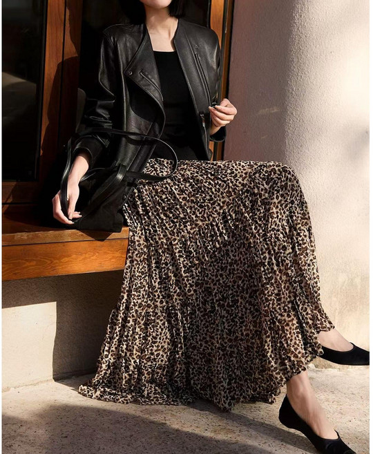 영메이 YM23455 여성 레오파드 허리밴딩 쉬폰 롱 스커트 호피 주름치마 바캉스룩 플리츠스커트
