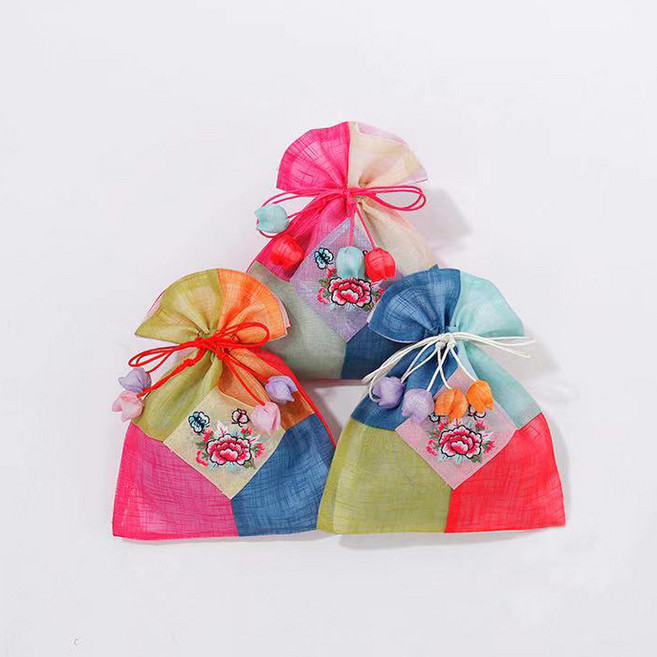 율아시아 모시 4색 꽃자수 복주머니 선물 포장 주머니, 중 x 30개