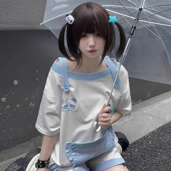 지뢰계옷 서브컬쳐 오타쿠 판다 반팔 오프숄더 블루 하라주쿠