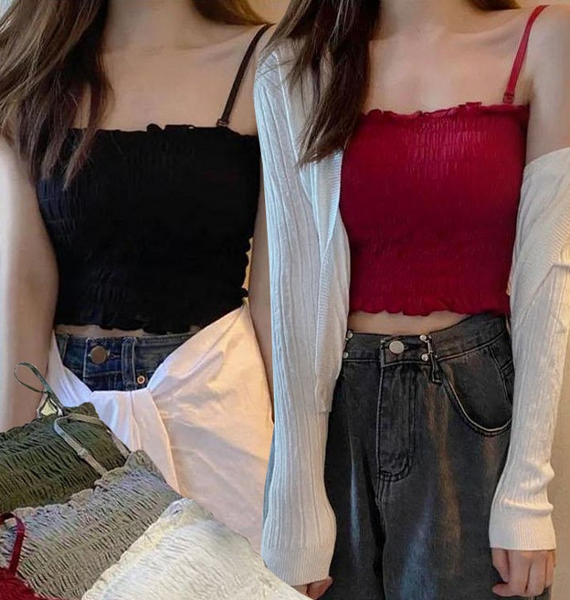 더루브 주름 튜브탑 끈조절 크롭 끈나시 리조트패션 이너나시 여름 주름 캐미솔 티셔츠 캡 있는 브라탑