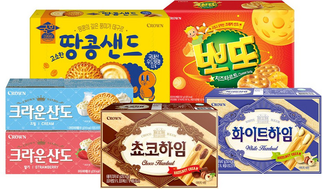 크라운 추억의 샌드과자 세트 (총 10개 / 고소한땅콩샌드 1개 + 뽀또 1개 + 산도딸기 2개 + 산도크림 2개 + 쵸코하임 2개 + 화이트하임 2개)