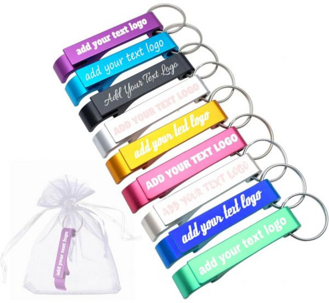 100개 맞춤형 병따개 열쇠고리 알루미늄 맥주 병따개에는 모든 텍스트/로고 결혼식 선물 양조장 바 기념일 파티 부동산 중개인 손님 졸업식 크리스마스 등이 새겨져 있습, 100pcs