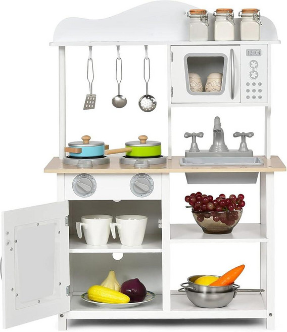 Costzon 아동용 주방 놀이 세트 나무 역할 장난감 싱크대 오븐 전자레 스토브 냄비 식기 포함 어린이 유아를 남아 여아용 선물 248685, White + Blue