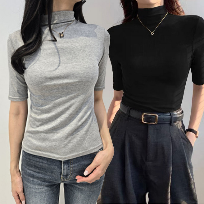 밀크린 여성 부드러운 반팔 반목티 목폴라티 2종 세트 폴라티 5부 티셔츠