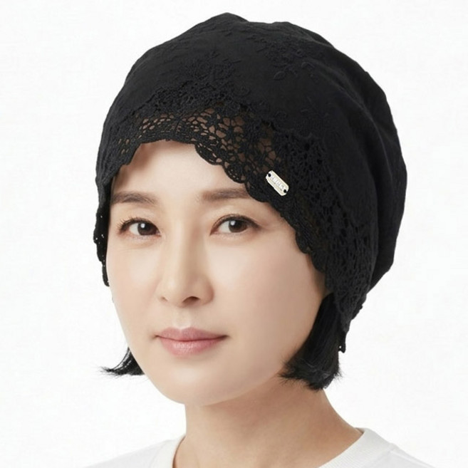 베이직엠 중년 여성 여름 반다나 두건 모자 비니 하단 레이스 HUHC