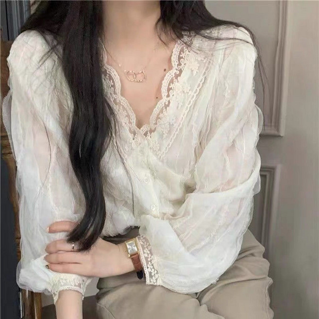 레이스쉬폰 블라우스 여성 브이넥 퍼프소매 데일리 봄 가을 상의