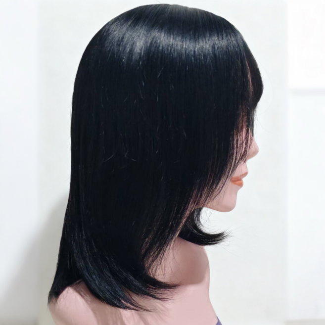 샤일리 여성 인모 중단발 레이어드 컷 수제 통가발 40cm 생머리, 1개, 자연블랙