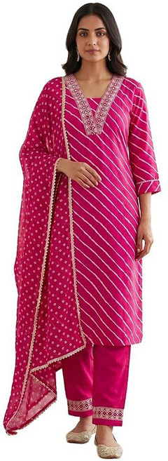 Ladyline Womens Rayon Slub Leheriya Printed Salwar Kameez Set Embroidered| Traditonal Kurta with P, Pink-2