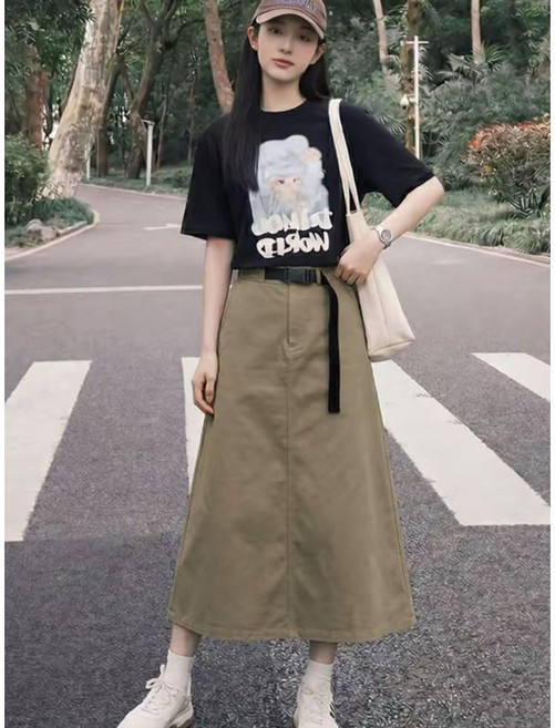 工裝風高腰A字開叉設計感半身裙