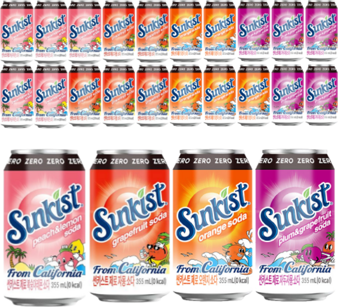썬키스트 제로칼로리 4종 뚱캔 355ml 24캔(제로 오렌지 제로자몽 제로 자두자몽 제로 복숭아레몬), 24개