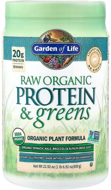 Garden of Life 무가공 유기농 단백질 및 녹색 채소 약간 단맛 650g(1lb 6.92oz) GOL-11868, 1개, 650g - 쿠팡