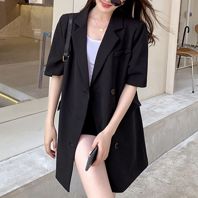 ROYALBELLE 여성 빅사이즈 테일러드 카라 루즈핏 미디기장 반팔 캐주얼 정장 재킷 V01022305