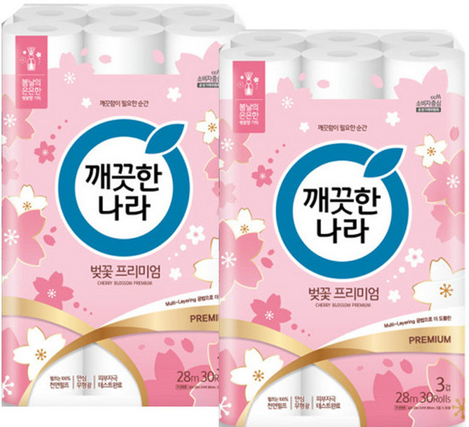 깨끗한나라 벚꽃프리미엄 롤화장지 3겹 28m 30롤 2팩, 30개입, 2개