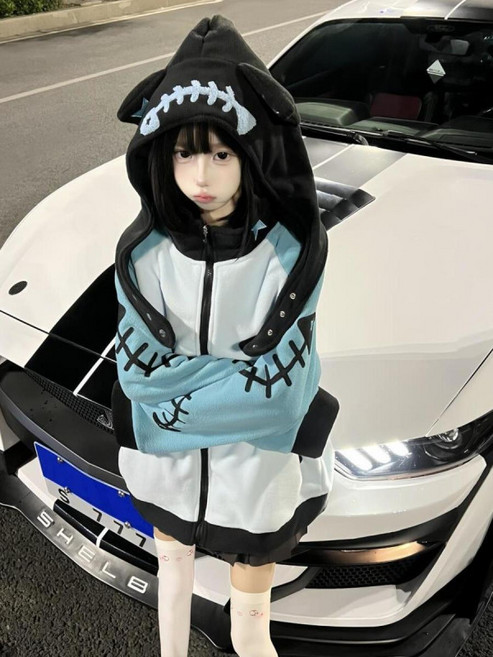 일본 서브컬쳐패션 고양이 뽀글이 후리스 집업