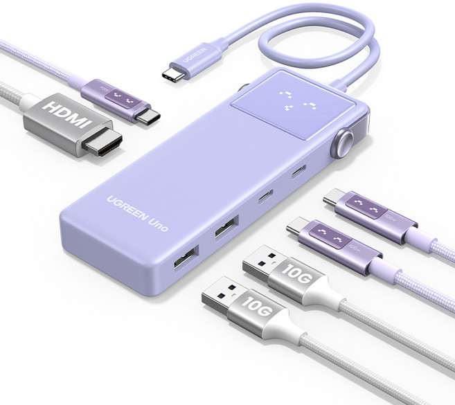 UGREEN 유그린 Uno 6 in 1 C타입 멀티 허브 10Gbps 데이터 전송 포트 4K@60Hz HDMI2.0 지원 스마트 이모티콘 상태 표시, 1개, Purple