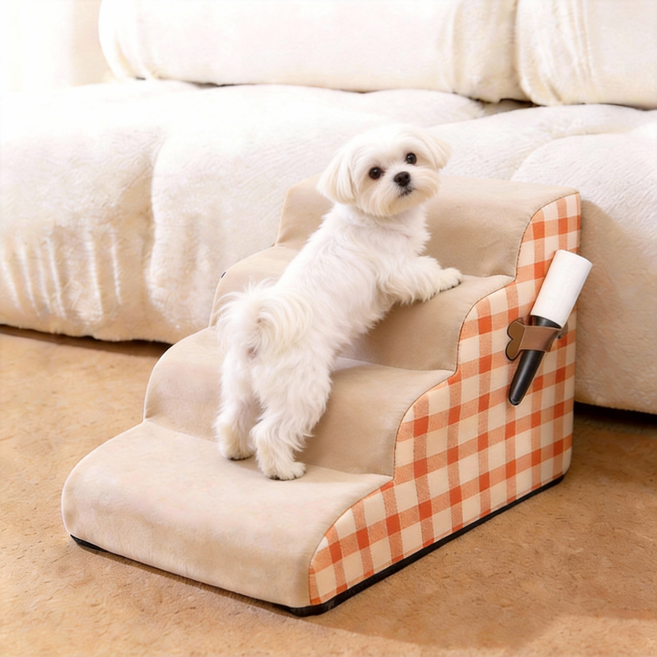 강아지계단 높은 침대용 4단 논슬립 슬개골보호 미끄럼방지 커브 스텝 애견 계단, 1개, 오렌지색