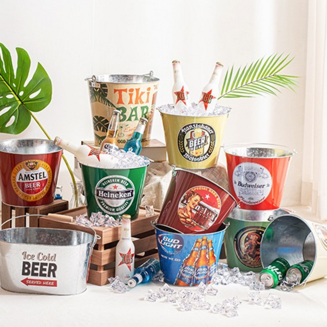 [데코봉봉] 맥주 양철 바스켓 아이스버킷 얼음통 스텐 양동이 바구니 와인 양주 샴페인 쿨러 아이스버켓, 2.버드와이저(로고), 1개
