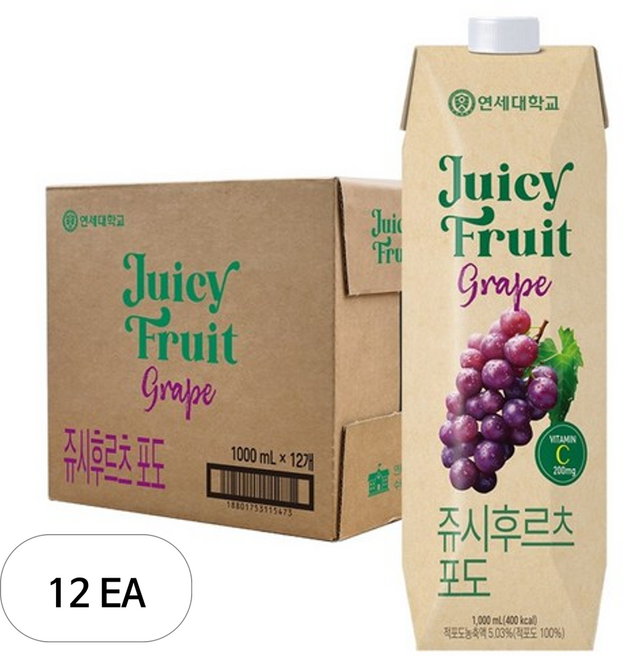 연세유업 쥬시후르츠 포도, 12개, 1L