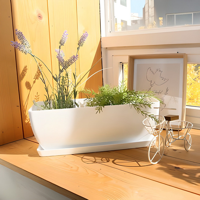 플라팜 직사각 화분 + 받침, 화이트, 1개