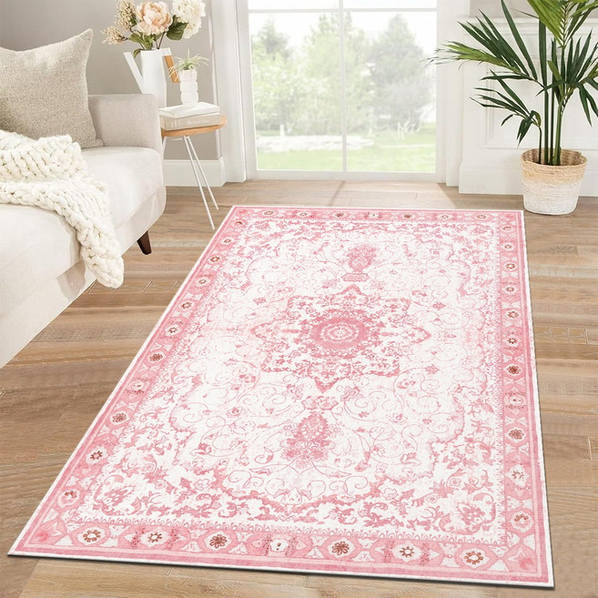 분홍색 러그 | 귀여운 스칸디나비아 스타일 세탁 가능한 인조 캐시미어 침실 거실용 단모 영역 러그