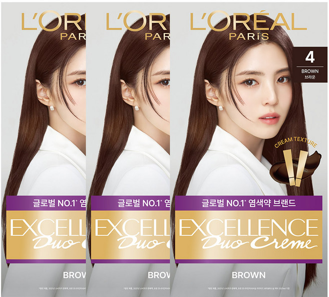 로레알파리 엑셀랑스 크림 더블튜브 염모제, 4호 브라운, 3개
