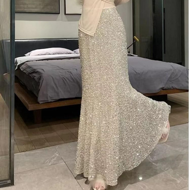 티류으스 여성 샤이닝 스팽글 머메이드 롱스커트 허리밴딩 플레어스커트 ZA