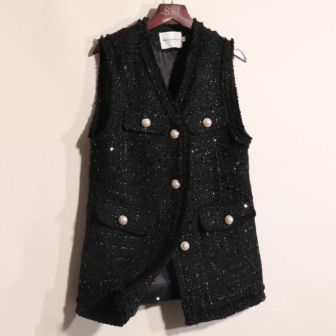 ROYALBELLE 여성 트위드 스팽글 버튼 포켓 루즈핏 빅사이즈 데일리 롱 베스트 B0092583