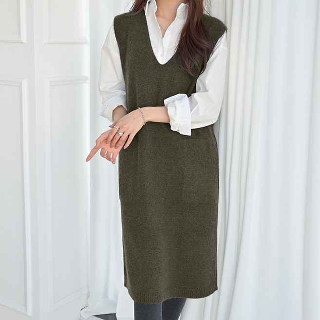 데일리앤 콤비 여성 레이어드 루즈핏 롱 니트조끼 베스트 원피스