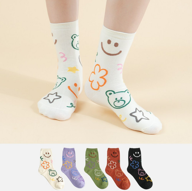 키키야 삭스 중목 패션양말 라인드로잉 베어 5color